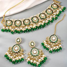 Peora Gold-Plated Kundan Stone-Studded & Beaded Jewellery Set-9