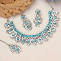 Atasi International Rhodium-Plated Crystals-Studded Necklace With Earrings & Maang Tika-image-98