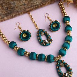 AKSHARA Gold-Plated & Green Wooden Balls Silk Thread Jewellery Set-image-3