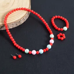 Golden Peacock Girls Red & White Beaded Jewellery Set-image-25