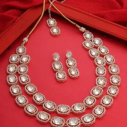 AMI Gold-Plated Stone-Studded Pearl-Beaded Jewellery Set-97