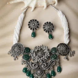ADIVA Silver-Plated Peacock Shaped Oxidised Necklace And Earrings-12