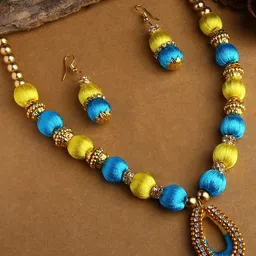 AKSHARA Gold-Plated Yellow & Blue Stone-Studded & Beaded Wooden Balls Silk Thread Jewellery Set-19