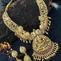 GRIIHAM Gold-Plated American Diamond Studded & Beaded Temple Jewellery Set-image-31