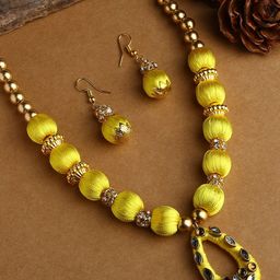AKSHARA Women Yellow Stone-Studded & Beaded Silk Thread Jewelry Set-image-52