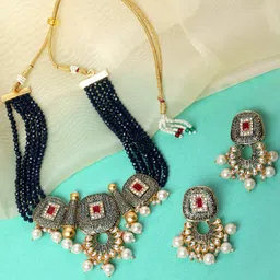 ROHINIKA Gold-Plated & Navy Blue Kundan Studded Jewellery Set-11