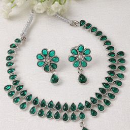 ZENEME Rhodium-Plated Pear Shaped American Diamond Studded Necklace Earring Jewellery Set-image-72