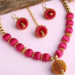 AKSHARA Gold-Plated Pink Stone-Studded & Beaded Wooden Balls Silk Thread Jewellery Set-54