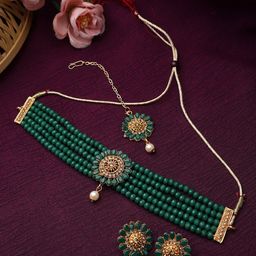 CARDINAL Gold-Plated Green & White kundan-Studded & Beaded Jewellery Set-image-50