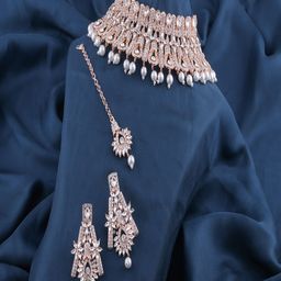 VATSALYA creation Rose Gold-Plated Stone-Studded & Beaded Necklace & Earrings-image-22