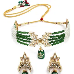 KARATCART Gold-Plated Green & White Kundan-Beaded Jewellery Set-image-83