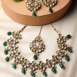 ADIVA Gold-Plated Kundan Stone-Studded & Beaded Jewellery Set-image-15