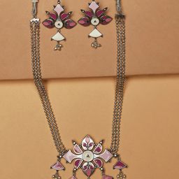 Voylla Pink & Silver-Toned Enamelled Beaded Brass Jewellery Set-23