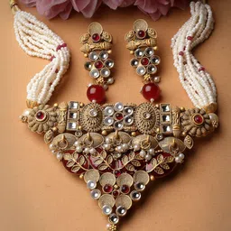 ADIVA Gold-Plated Kundan Stone Studded & Beaded Jewellery Set-4