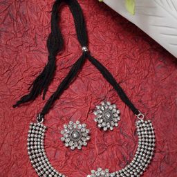 Sangria Silver-Toned & White Silver-Plated Stone-Studded Jewellery Set-image-83