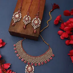 ANIKAS CREATION Gold-Plated Stones Studded & Beaded Jewellery Set-18