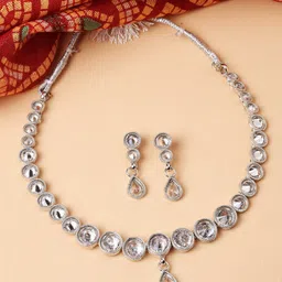 ZENEME Rhodium-Plated Round American Diamond Studded Necklace with Earrings Jewellery Set-image-34