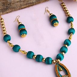 AKSHARA Girls Gold-Plated Green Silk Thread Beaded Jewellery Set-image-93