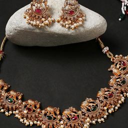 OOMPH Stones Studded & Pearls Beaded Elephant Design Jewellery Set-12