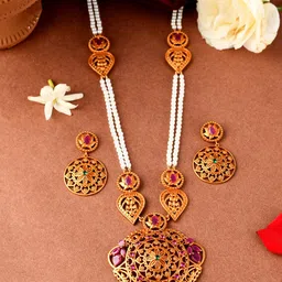 Voylla Gold-Plated Floral Pearl Adorned Antique Necklace Set-50