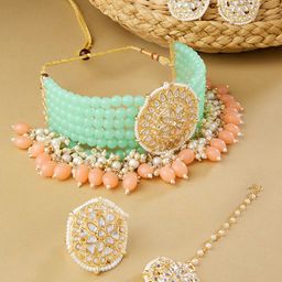 Zaveri Pearls Gold-Plated Green & Peach Beaded and Kundan Studded Jewellery Set-image-2