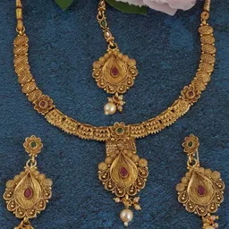 MANSIYAORANGE Gold-Plated Pearls & Stones Studded Antique Jewellery Set-picture-16