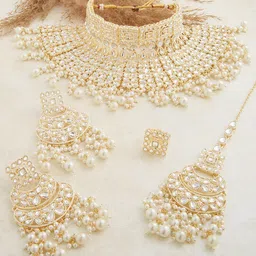 Zaveri Pearls Gold-Plated White Kundan Studded & Beaded Jewellery Set-image-10