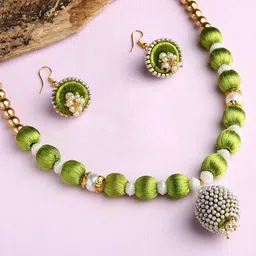 AKSHARA Girls Green & White Beaded Silk Thread Jewellery Set-image-19