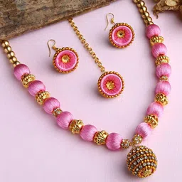 AKSHARA Gold-Plated & Rose Stone-Studded & Beaded Jewellery Set-image-99