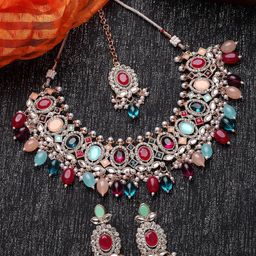 Sukkhi Gold-Plated AD-Stones Studded & Pearls Beaded Choker Jewellery Set-image-56