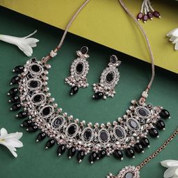 Sukkhi Gold-Plated Black AD Stone-Studded & Pearl Beaded Jewellery Set-image-42