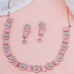 KARATCART Pink Rose Gold-Plated American Diamond Studded Necklace Jewellery Set-53