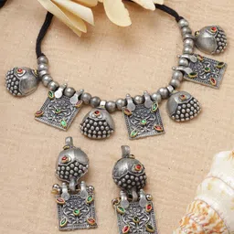 Moedbuille Silver-Plated Crystal-Studded Antique Oxidised Jewellery Set-56