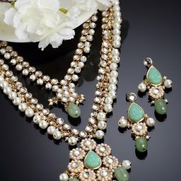 KARATCART Gold-Plated White & Lime Green Kundan-Studded Beaded Jewellery Set-18
