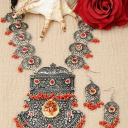 Moedbuille Silver-Plated Stone-Studded and Beaded Necklace & Earrings Set-image-19