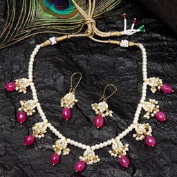 DUGRISTYLE Gold-Plated & White Kundan-Studded & Pearl Beaded Handcrafted Jewellery Set-image-66