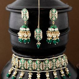Shoshaa Gold-Plated Green Kundan Studded Handcrafted Jewellery Set-image-30