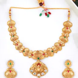 FEMMIBELLA Gold-Plated Kundan Stones Studded & Beaded Necklace And Earrings-16