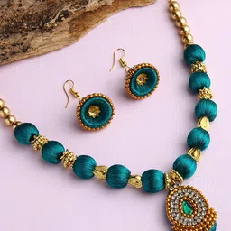 AKSHARA Gold-Plated & Green Stone-Studded & Beaded Wooden Balls Silk Thread Jewellery Set-image-95