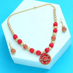 AKSHARA Gold-Plated Red Stone Studded Necklace & Earrings Set-image-89