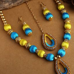 AKSHARA Gold-Plated Multi Coloured Stone-Studded & Beaded Wooden Balls Silk Thread Jewellery Set-14