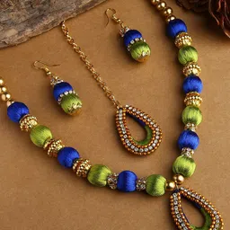 AKSHARA Gold-Plated & Green Stones-Studded & Beaded Wooden Balls Silk Thread Jewellery Set-39