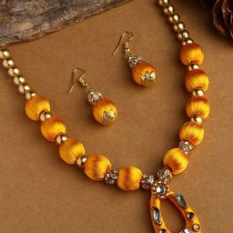 AKSHARA Gold-Plated Yellow & White Stone-Studded & Beaded Jewellery Set-image-22