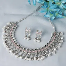 ZENEME Rhodium-Plated AD Pearl Studded Necklace Earrings Jewellery Set-17
