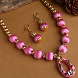 AKSHARA Gold-Plated Rose Pink & White Stone-Studded & Beaded Jewellery Set-45