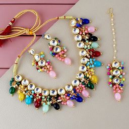 LUCKY JEWELLERY Gold-Plated Kundan-Studded & Beaded Jewellery Set-52