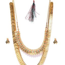 Anouk Gold-Plated Red & Green Stone Studded Necklace & Earrings-12