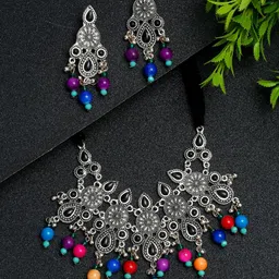 Sangria Silver-Toned & Blue Silver-Plated Stone-Studded Oxidized Jewellery Set-picture-2