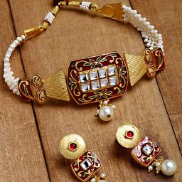KARATCART Gold-Plated Red Pearl Beaded Choker Jewellery Set-23