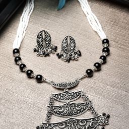 ADIVA Silver-Plated Oxidised Necklace & Earrings-image-18